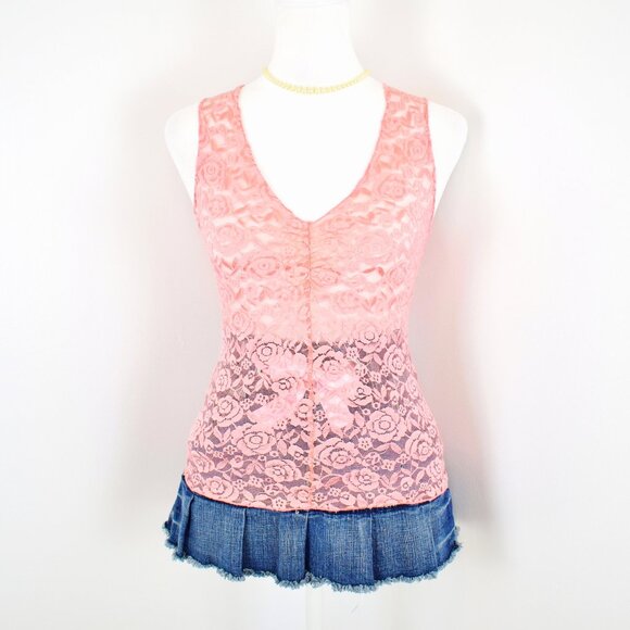 VTG 00s Y2K Forever 21 Pink Sheer Floral Lace V-Neck Ruch Bust Tank Top Sz S - Picture 1 of 8